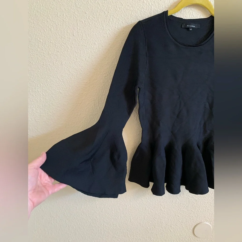 Olivaceous peplum Black Top With Bell Sleeves NWOT🌴